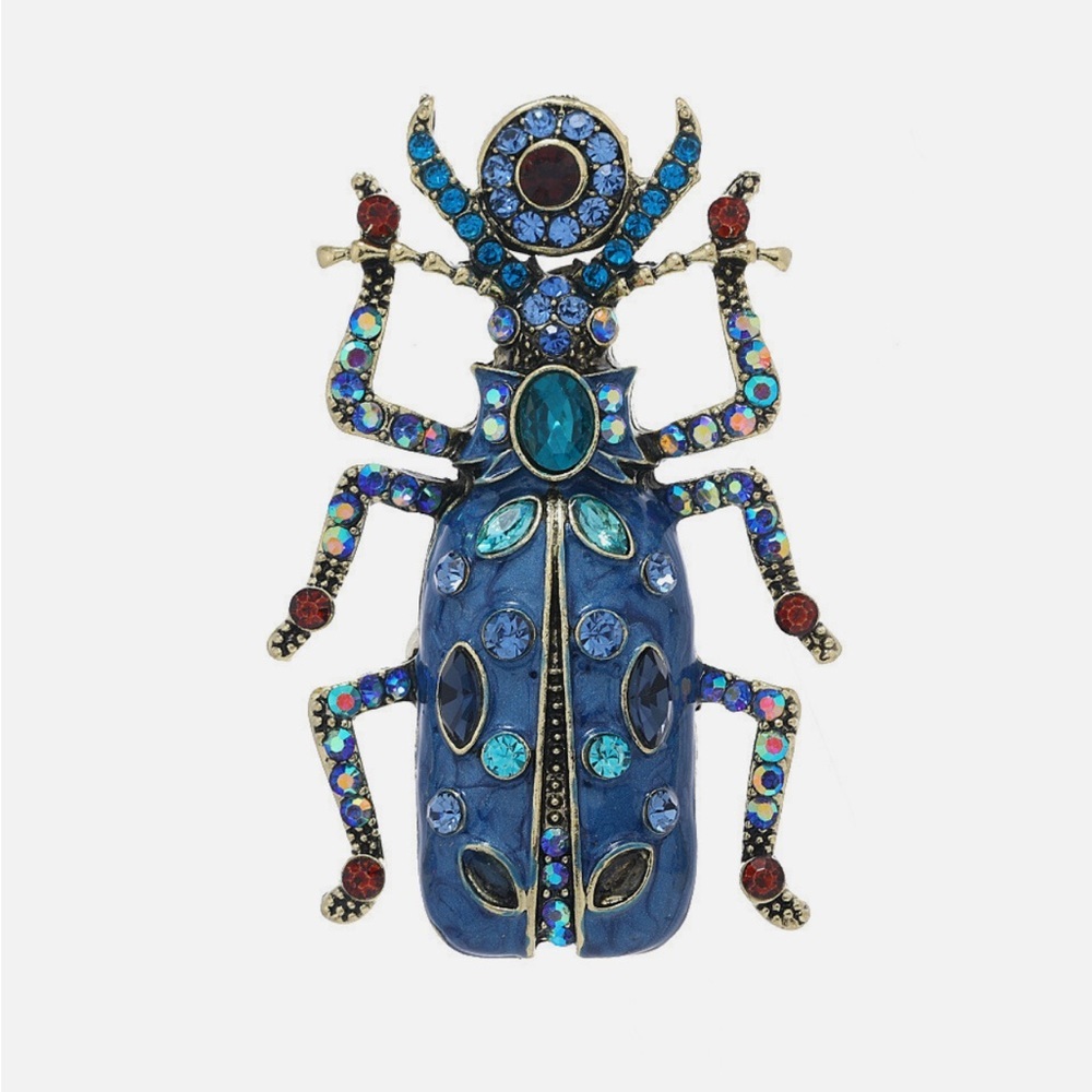 Blue Jeweled Beetle Brooch with Multicolor Crystals